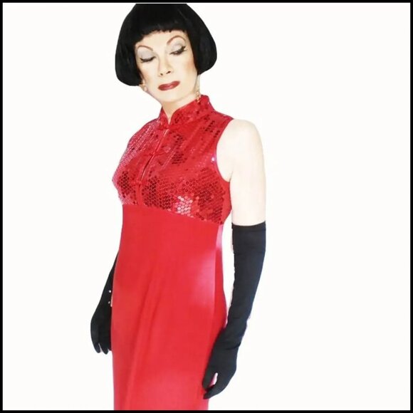 Vintage Red Satin Cheongsam Gown Empire Waist, 40s 50s Style by ZumZum -80s - Picture 6 of 15